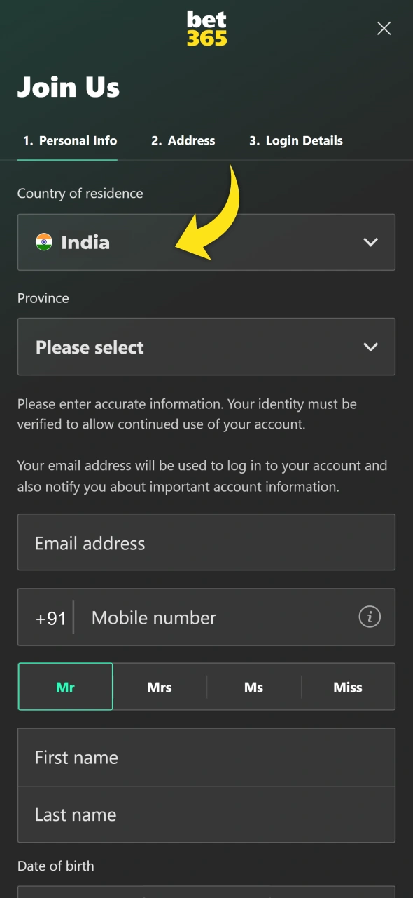 Select India in Bet365 registration form.