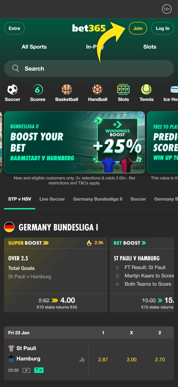 Find registration button at the top menu of Bet365 website or app.