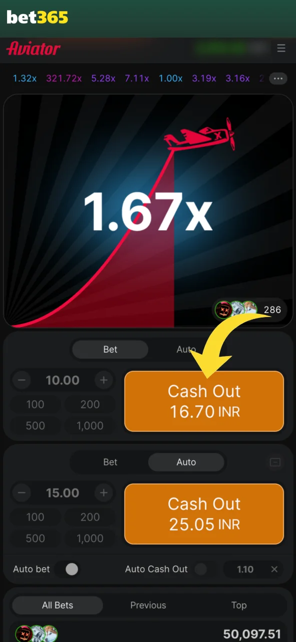 Place your bet in Aviator at Bet365.