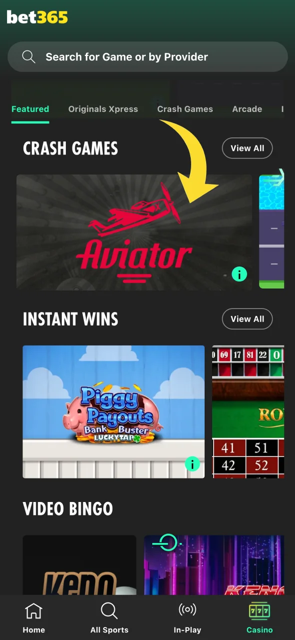 Search for Aviator in the Bet365 lobby.