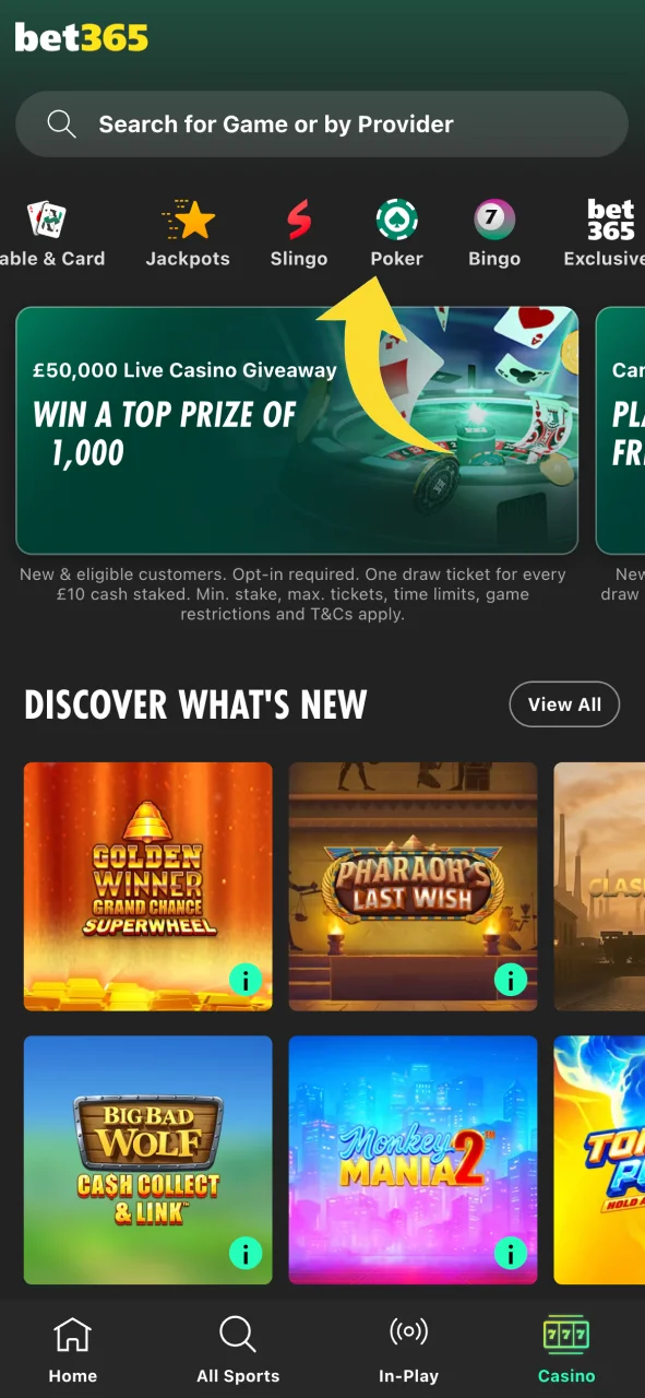 Open the Bet365 poker lobby to see available cash tables.
