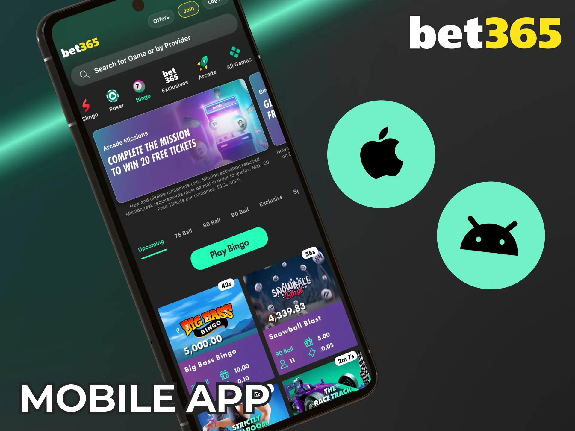Install the Bet365 app for mobile bingo wins.