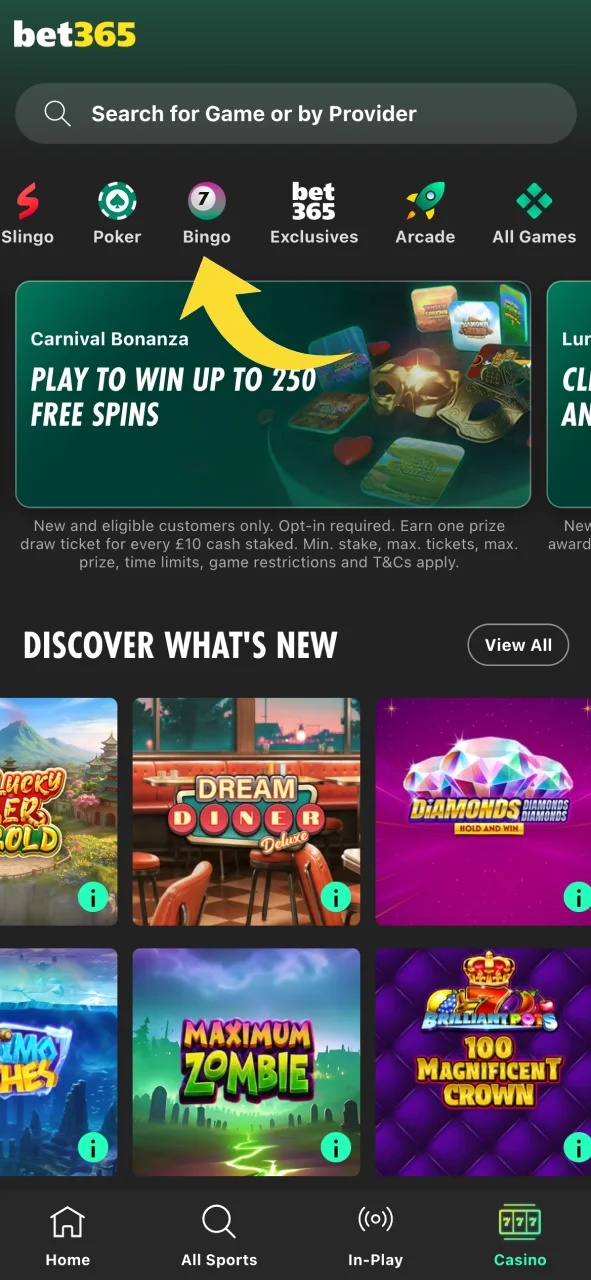 Open the Bet365 Bingo lobby to see all active rooms and jackpots.