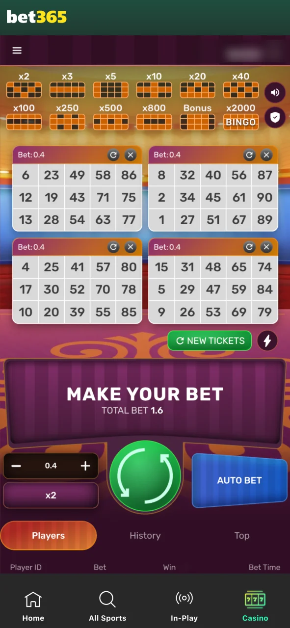 Buy bingo tickets at Bet365 and win with automatically called numbers.
