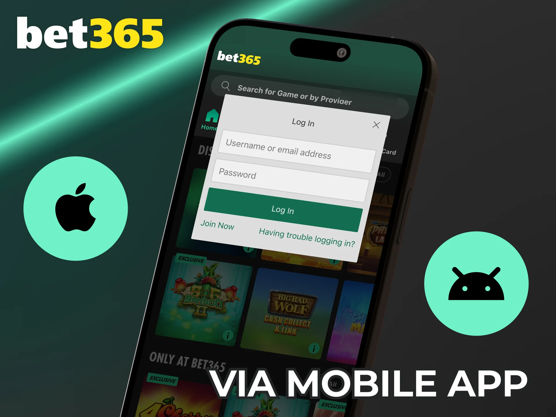 Tap the login button in the Bet365 app to continue.