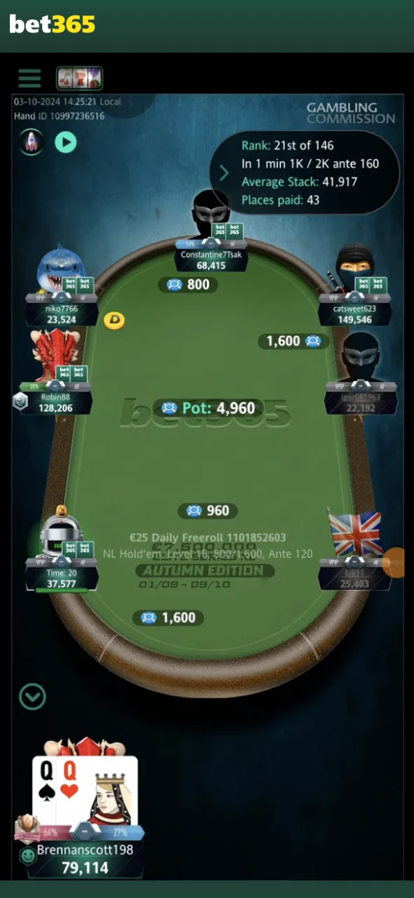 Start playing poker at Bet365 with easy-to-use action buttons.