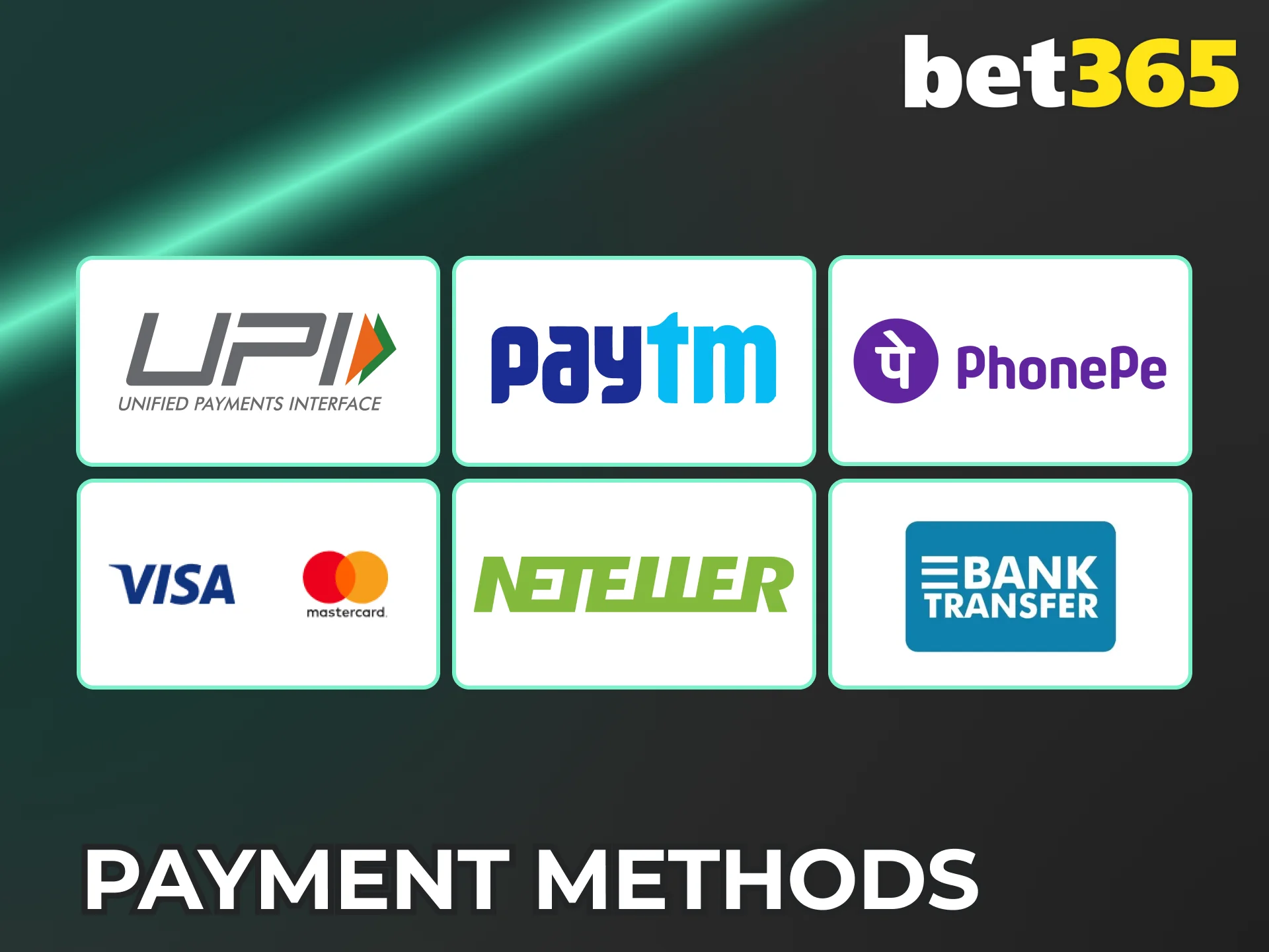 Deposit at Bet365 India using UPI, Paytm, and PhonePe easily.