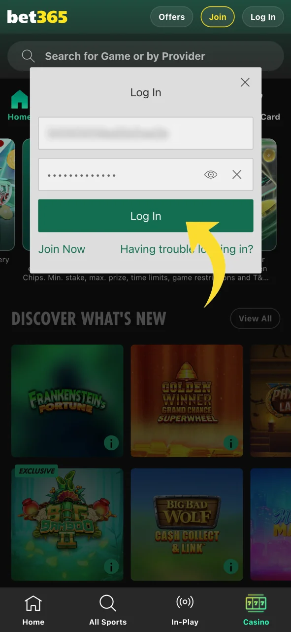 Enter your username and password on Bet365.