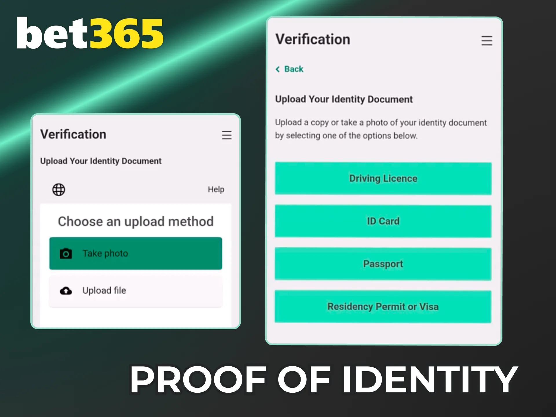 Choose an identity document for Bet365 verification.